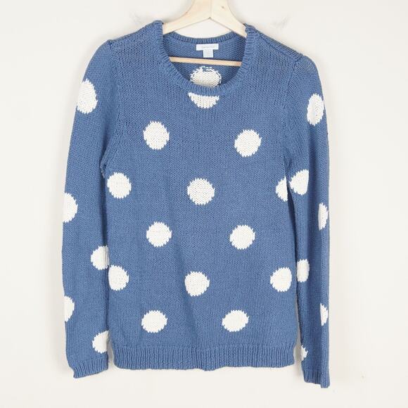 Garnet Hill Blue White Polka Dot Everyday Crew Knit Sweater Womens Sz L - Picture 1 of 8